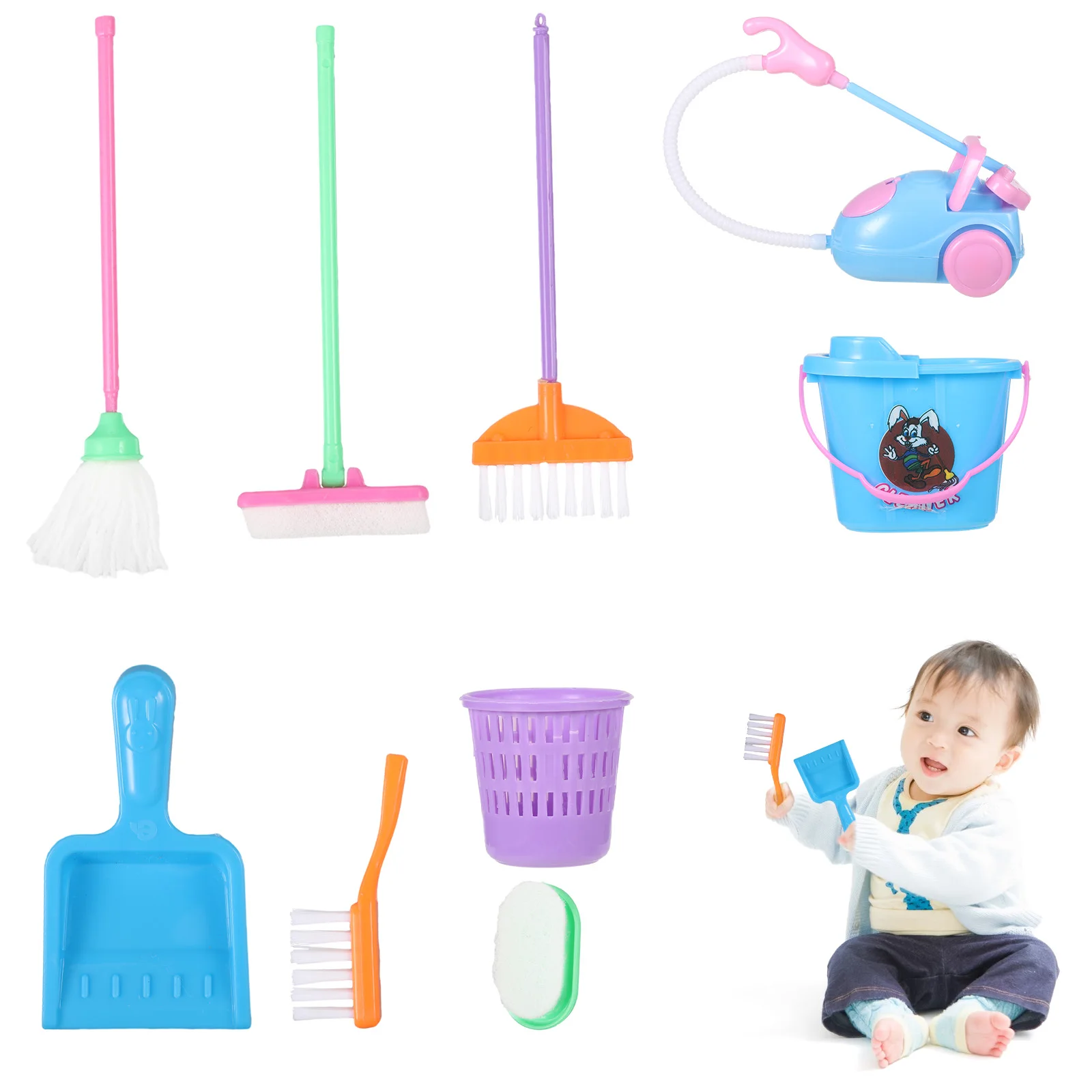 9 Pcs/set Mini Mop Broom Toys Vacuum Cleaning Furniture Tools Kit Funny House Clean Educational Kid Toy Accessories Childs Gift