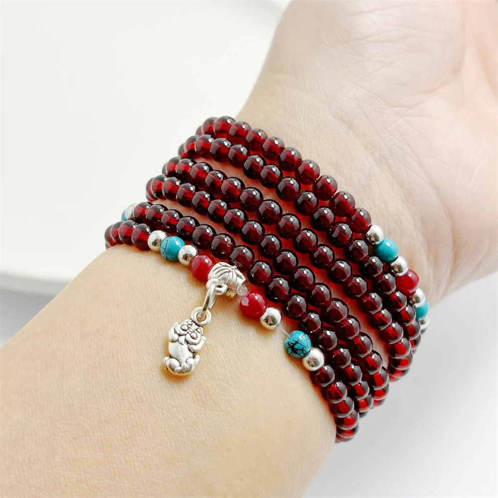 Red Garnet Beaded Chain Necklaces for Women 90cm Long Chain Collar Femme Vintage Jewelry Gifts Wholesale