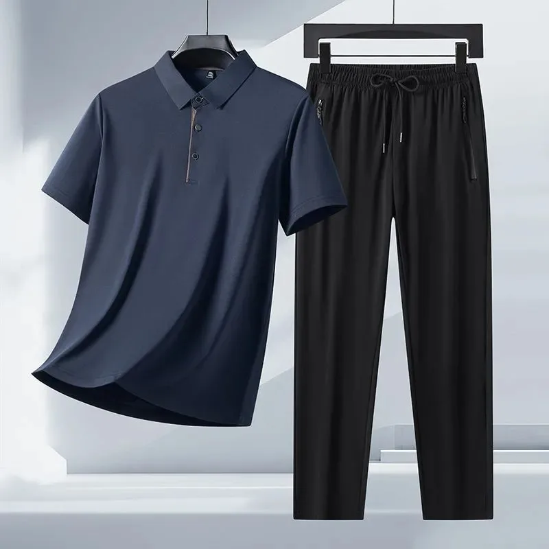 

Men's Summer Ice Silk Polo Shirt and Pants Set Casual Breathable Two Piece Outfit For Middle Aged