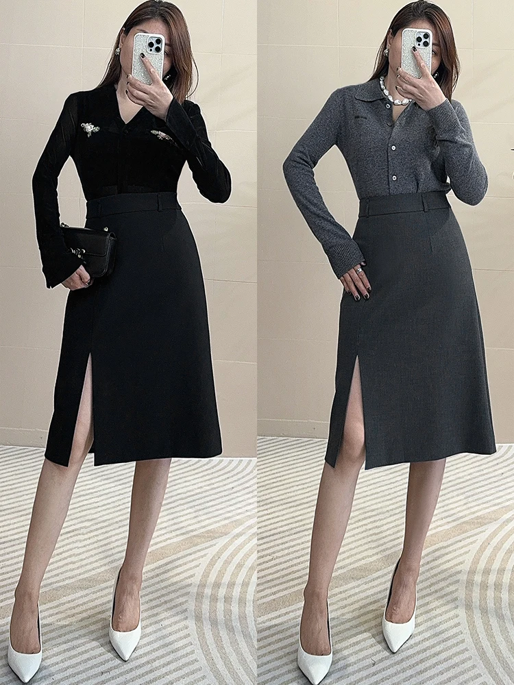 

Tangmi High Waist Asymmetrical Zipper A-Line Suit Skirt Profional Commute Women's Faionable Midi Skirt Side Slit