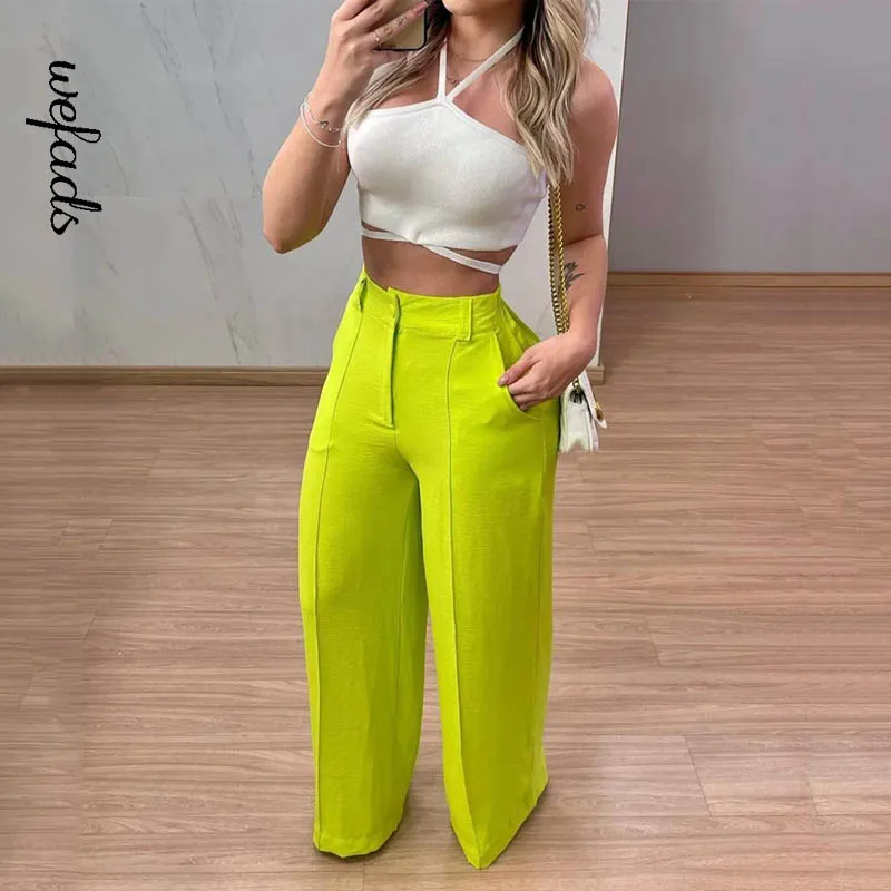 Wefads Women Two Piece Set Summer Sexy Solid Halter Sleeveless Backless High Waist Slim Top Loose Wide Legs Pants Set Streetwear