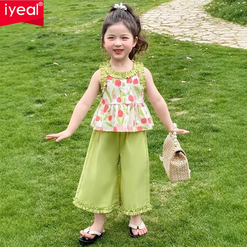 

IYEAL 2026 Весна/Лето Новинка: Комплект для девочек — топ с тюльпанами + стильные повседневные брюки с широкими штанинами, комплект из двух предметов