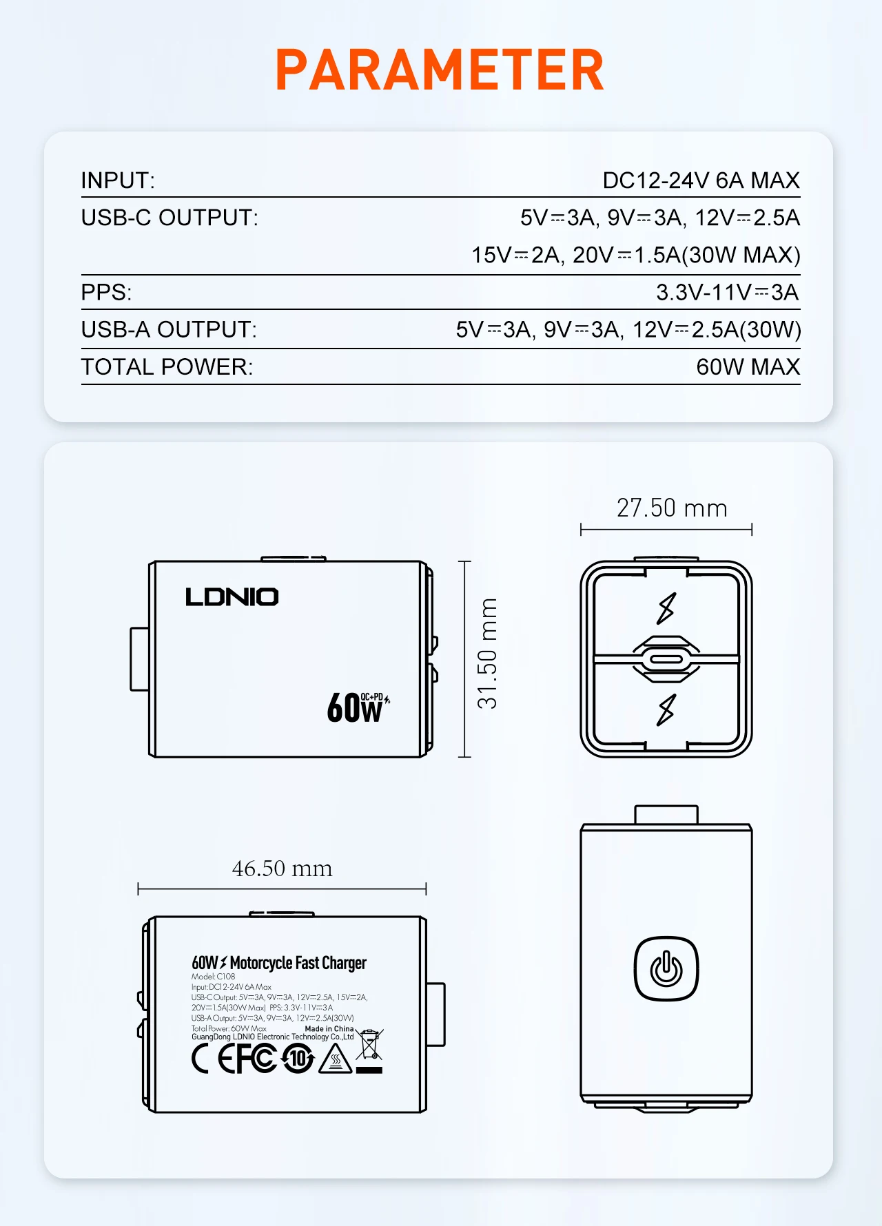 LDNIO Motorrad USB Schnellladegerät 60W Lenker Dual USB C UAB A Rückspiegel Wasserdichter Netzteiladapter mit Schalter – Detail 11