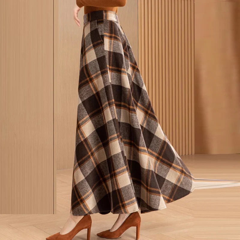 plus Size 5XL A-Line Women's Skirt Retro Vintage Plaid Woolen Elegant Autumn Winter Fashion for Women Maxi Long Skirts