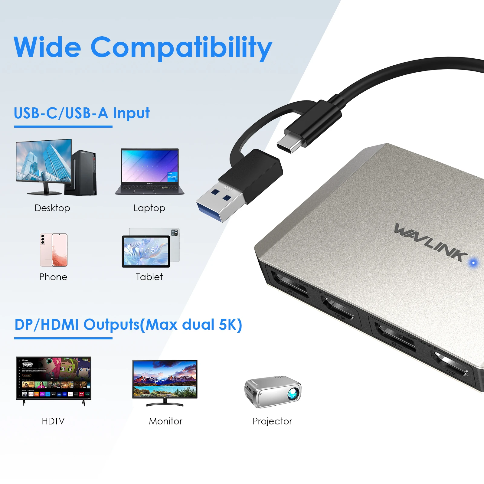 WAVLINK USB 3.0, USB C-디스플레이 포트, HDMI 디스플레이 어댑터, 듀얼 5K @ 60Hz 모니터 허브, 맥 M1 M2 윈도우 디스플레이 링크 DL6950 칩용