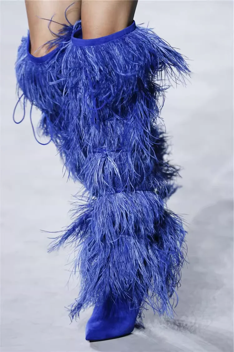 

New Ostrich Feather Knee-High Boots Cone-Shaped High Heel Stylish Unique Design Women's Pointed-Toe Boots