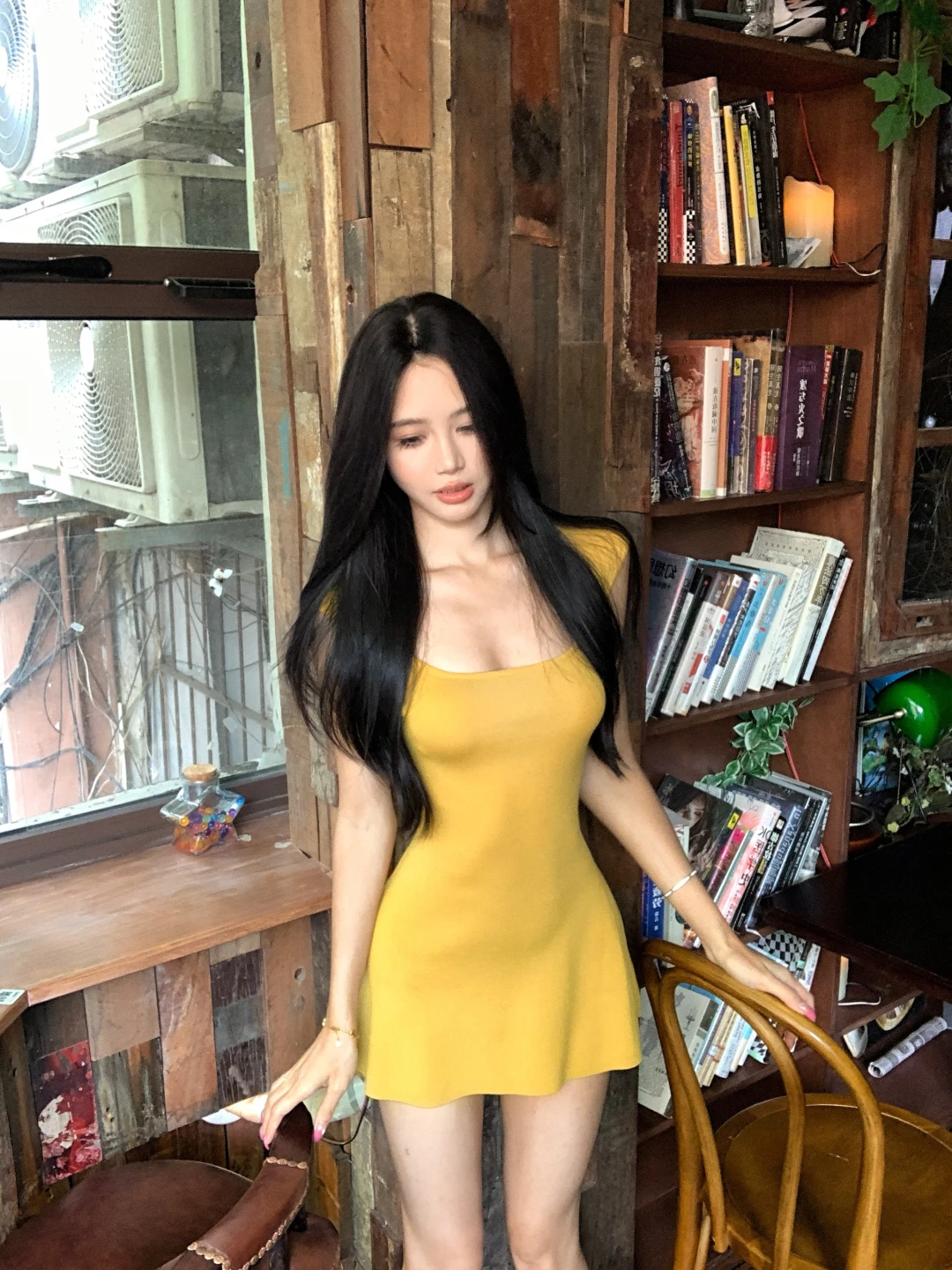 

Pure Desire Yellow U-Neck Sleeveless Women's Dress Summer Back Hollow out Waist-Cinching Short A-Line Skirt for Casual Wear