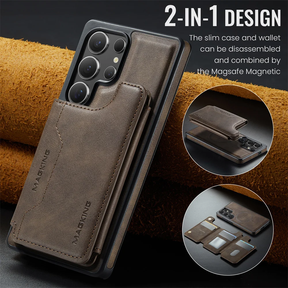 حافظة محفظة مغناطيسية 2 في 1 لهاتف سامسونج S25 S24 S23 Ultra مع حامل بطاقة من جلد البولي يوريثان ومسند قابل للفصل
