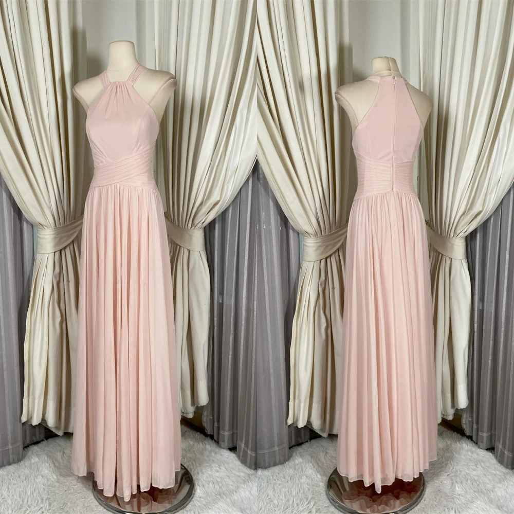 

Customized Temperament pink Chiffon Evening Dress High Quality Crew Neck Sleeveless Cocktail Dress Modern Zipper Back Prom Dress
