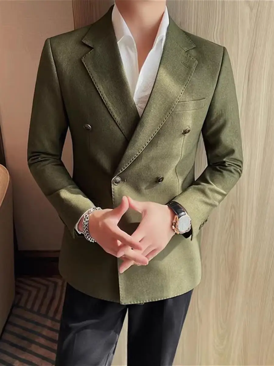 

3-A54 Spring atmosphere fresh white green suit men's casual single-breasted flat lapele-breasted business commuter jacket