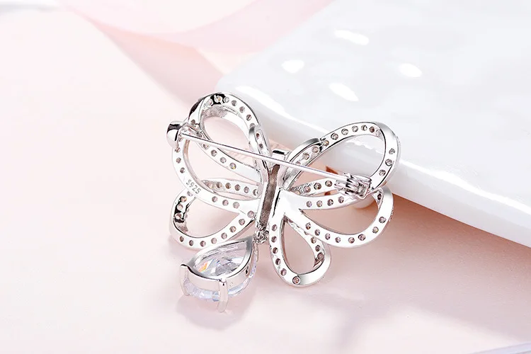 Newest  925 Sterling Silver Bowknot Design CZ Crystal Brooches for Women Fashion Pins Necktie Clothing Dress Wedding Jewelry