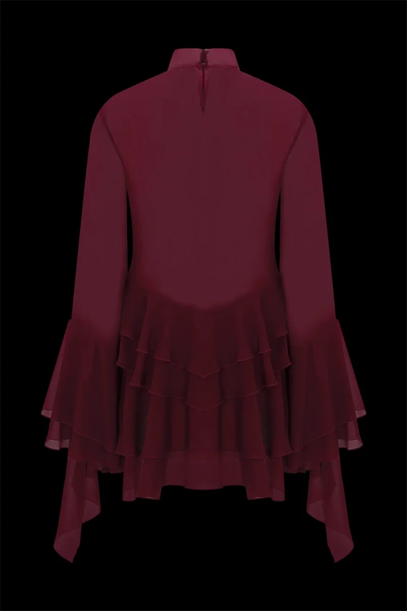 Robe de bal rouge foncé, Sexy, col haut, manches longues évasées, volants, formelle, courte, Mini Robe de soirée de mariage, Banquet, Robe de mariée