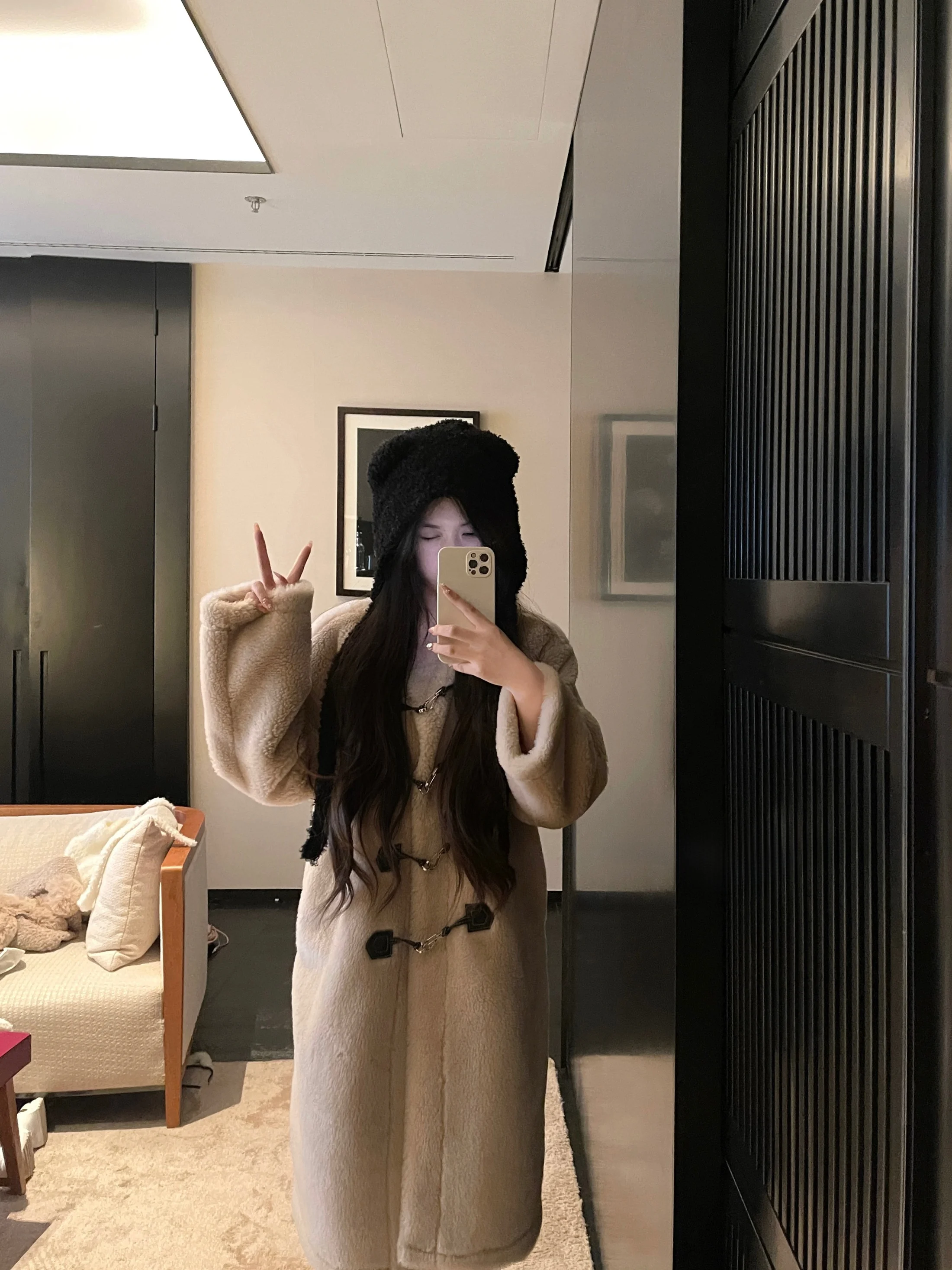 

Original Winter Design Deer Horn Button Wooly eepskin Coat Thi Inteated Fur Women's Commute Sle Long Sve Coat