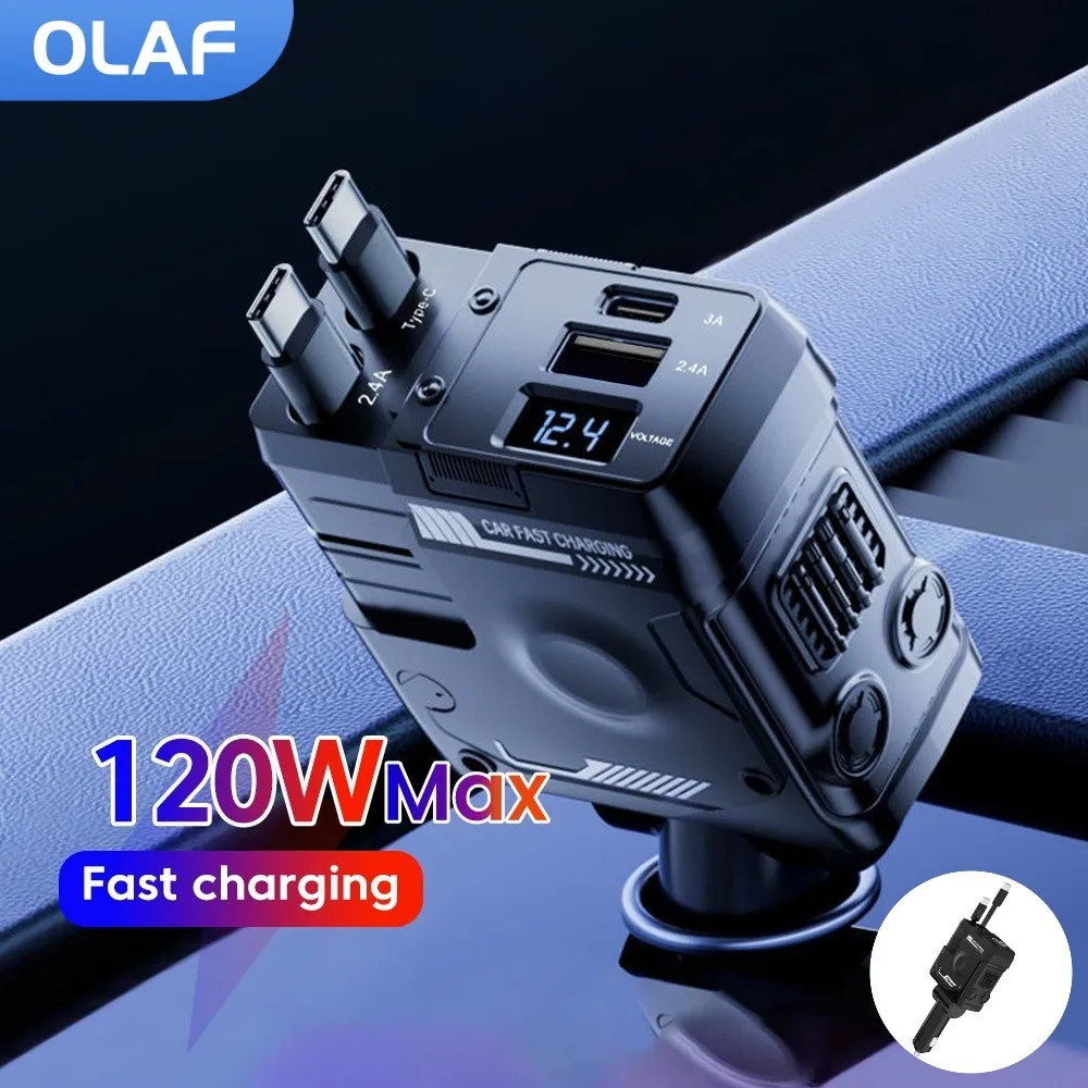 

120W Car Charger Fast Charging USB Car Charger Type C Car Phone Charger Adapter With Dual Type C Cable For Xiaomi Samsung Huawei