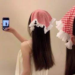 Fransız tarzı dantel ekose üçgen türban Hairband kadınlar kızlar için tatlı saç süslemeleri kafa bandı saç bandı moda saç aksesuarları