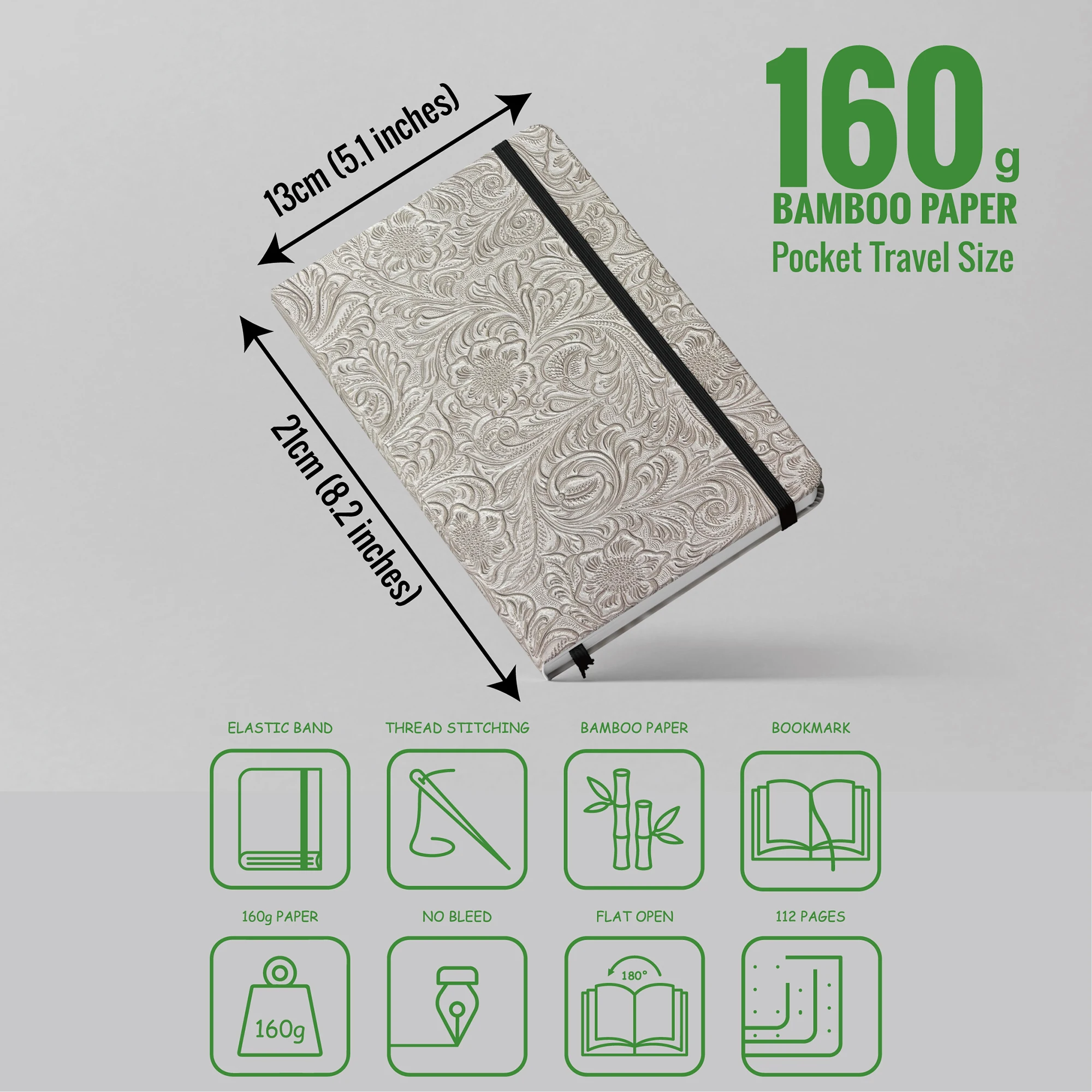 BUKE Retro-Notizbuch mit Blumenmuster und Punkten, 3D-geprägtes Kunstleder, A5-Format, Hardcover, 160 g/m² dickes Papier, Notizbuch mit 5x5-mm-Punktraster. – Detail 13