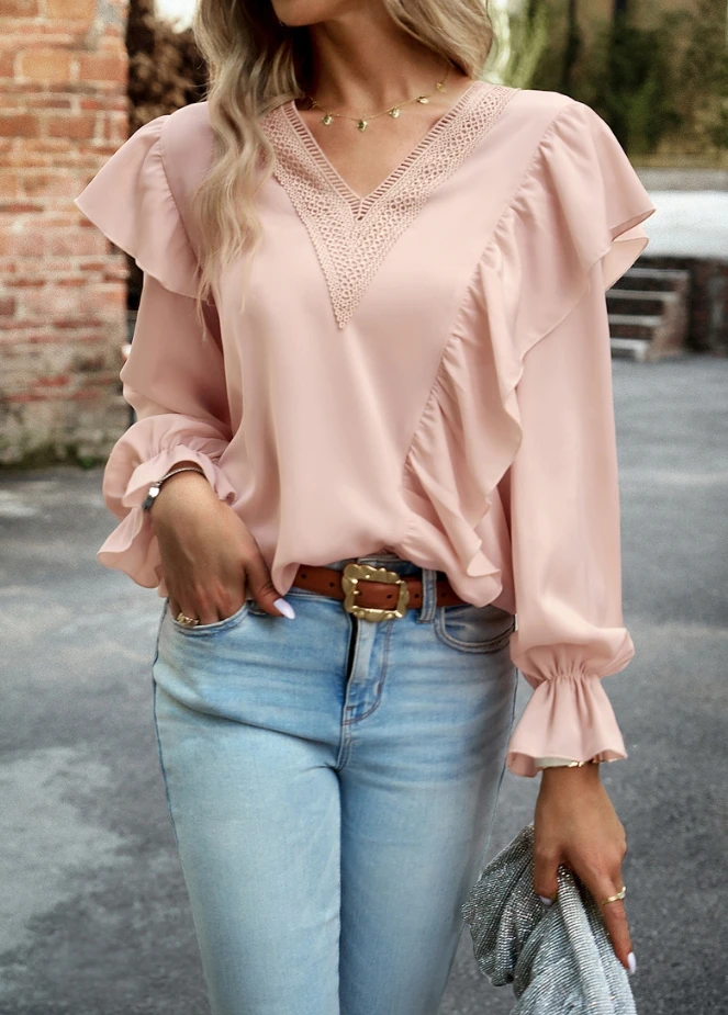 

Elegant Temperament Commute Contrasting Lace V-Neck Ruffle Decoration Lantern Long Sleeved Thin Solid Color Fashion Casual Shirt