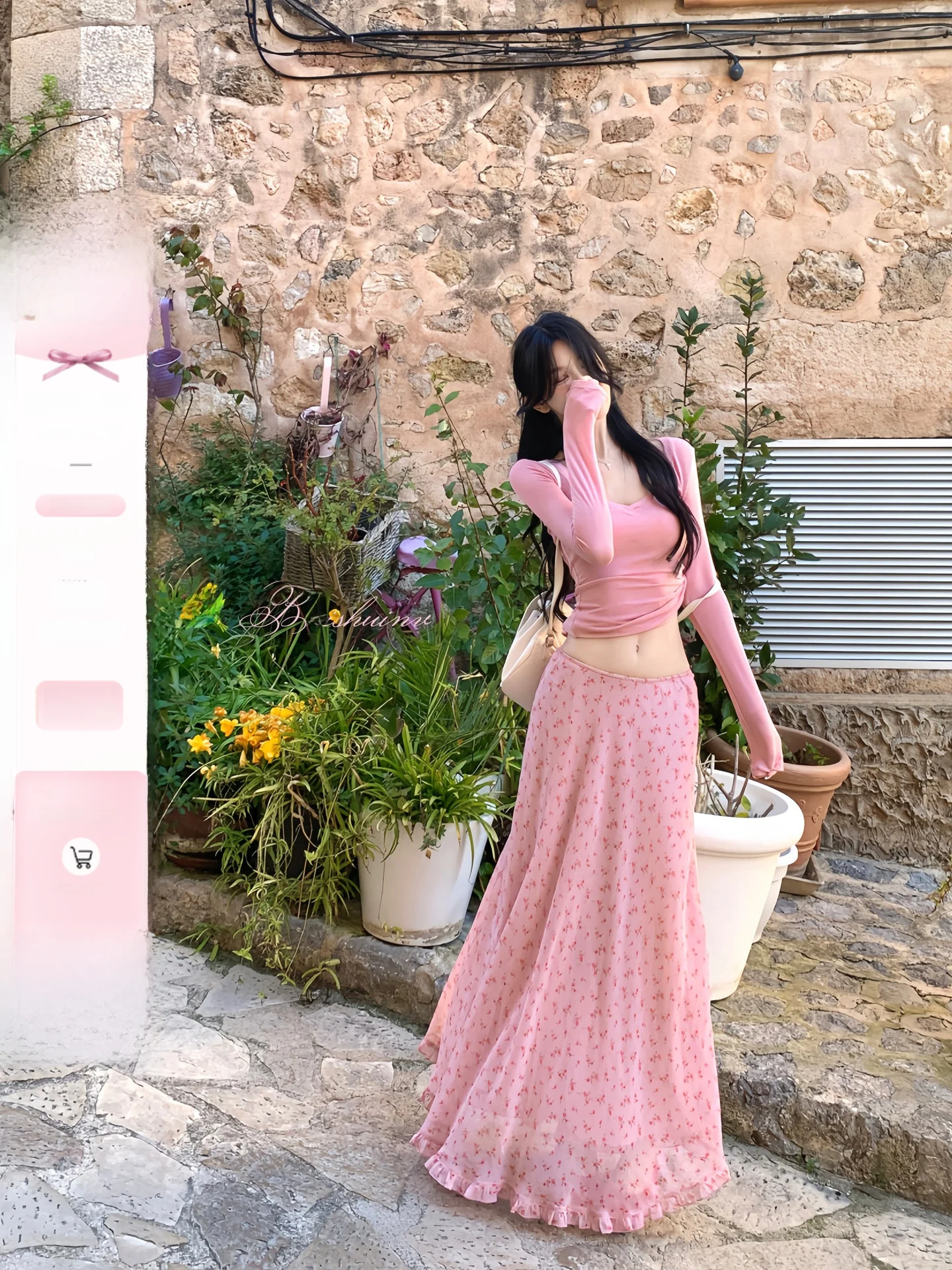 

Sweet Pink Floral Half Skirt Women's Spring Summer Slimming Long Skirt White Water Rose Petal A-Line Midi Skirt