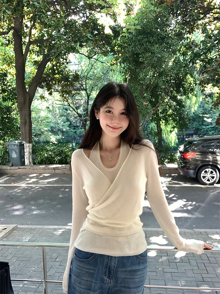 

Женский длинный вязаный топ Vasse из ткани с имитацией шелка и лиоцелла, дизайн «фальш-двойка», осенняя элегантность, модный