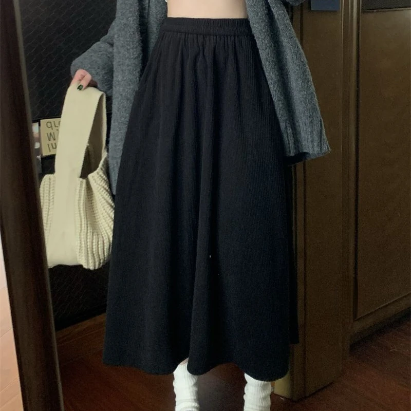 Deeptown Corduroy Long Skirt Elegant Women Vintage Korean Style Ruffle Midi Skirt Sweet Fashion Autumn Winter Solid Basic Skirts