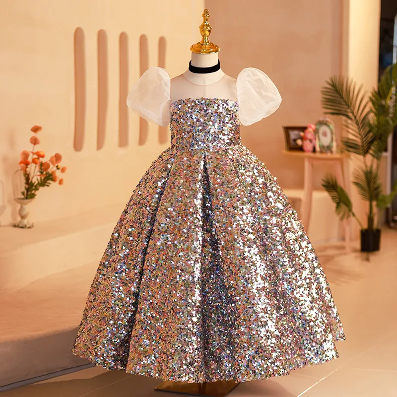 

Gorgeous Puffy Shiny Sequin Lace up girl Dresses kids Beauty pageant dance party dress For Weding Birthday Banquet Long Gown