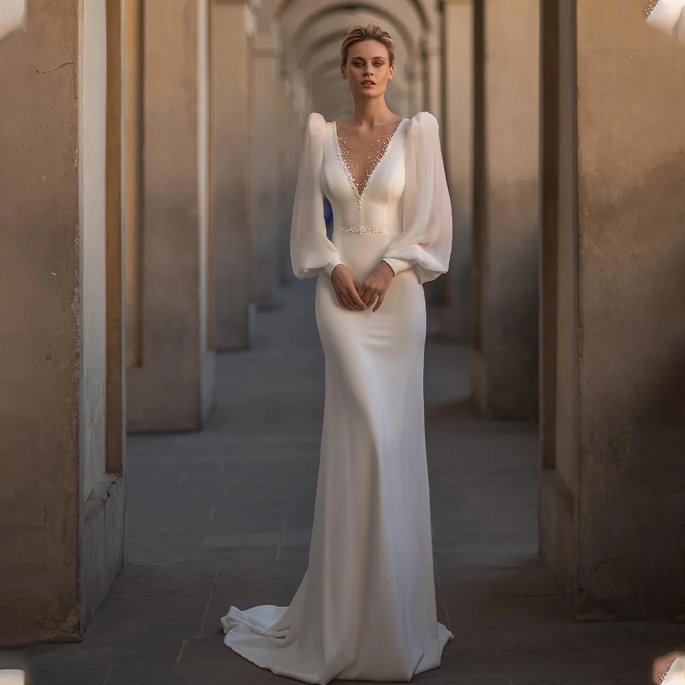 

Long Puff Sleeves V-neck Satin Mermaid Wedding Dresses Backless Custpm Made Bridal Grown 2023 Rode De Morrie