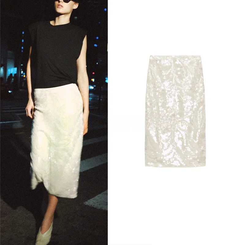 

Summer New Women's Zipper mid Waist Bead Decoration Straight Hem Midi Skirt Fashionable Elegant Standard Fit Polyester Fiber