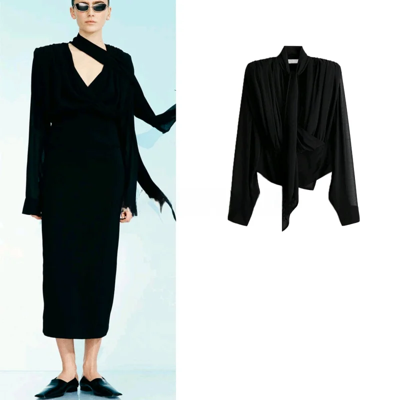 

Ele Winter Women's irt with oulder Pads Long Sve Stand Collar Chiffon Draped Top Skin-friendly Breathable Polyeste...