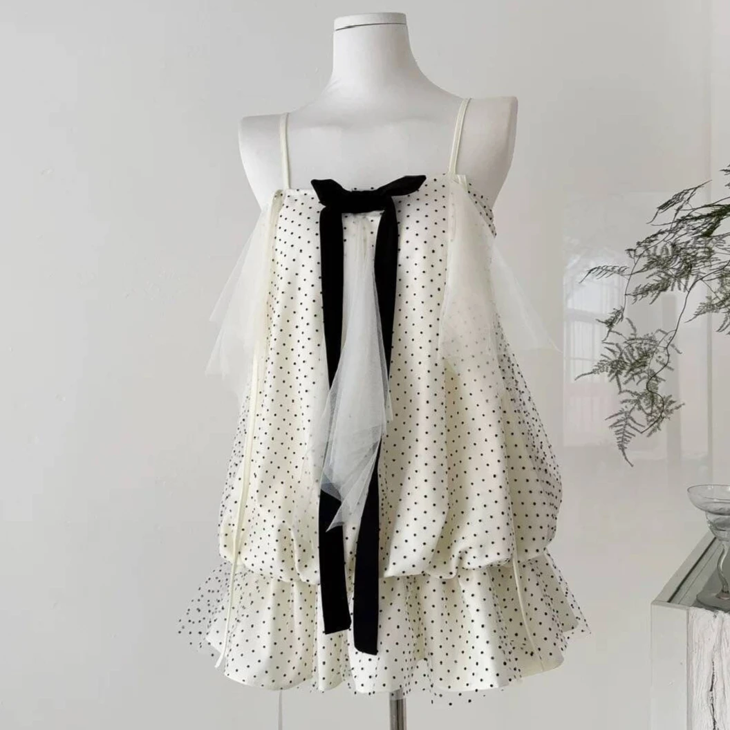 French Style Strap Dress Women Elegant Strap Bow Decorations Layered Ruffle Hem Fashion Cute Mini Dress Y2K Vintage Streetwear view 4