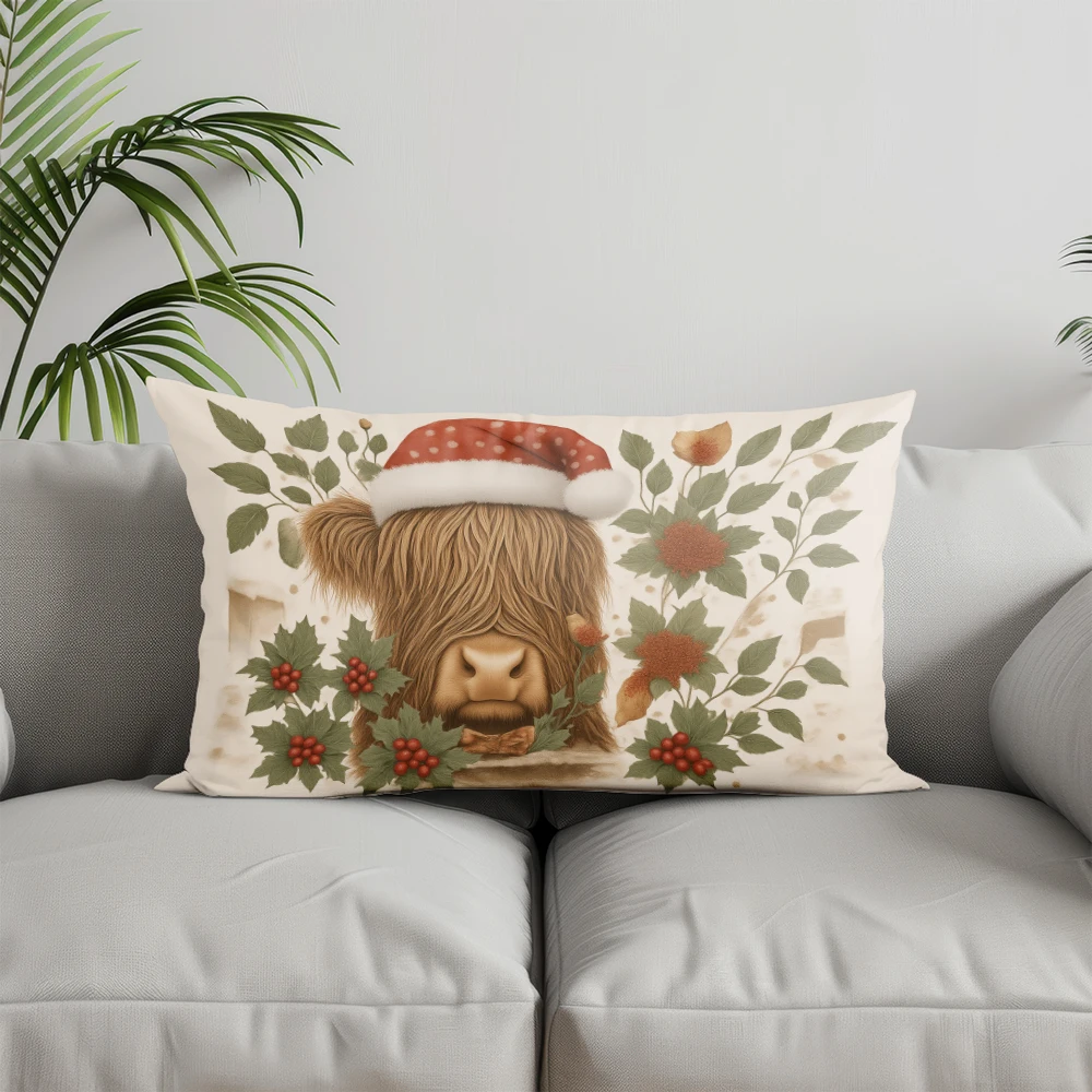 Home Decor Highland Cow With Christmas Hat Suitable For Sofa Bedroom Car Pillow Cover Cushion Rectangular Back Cushion