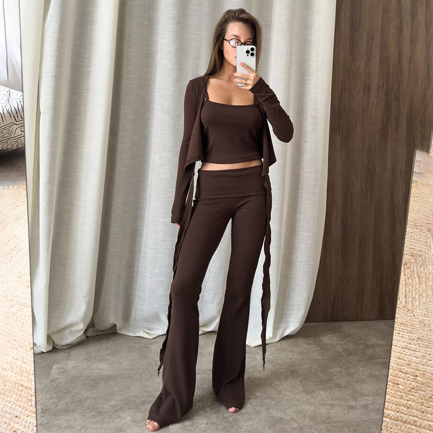 

Hiloc повседневные однотонные женские пижамы, костюм-тройка, топы на шнуровке с длинными рукавами, жилет на тонких бретельках, вязаные брюки с рюшами, 2025 г.