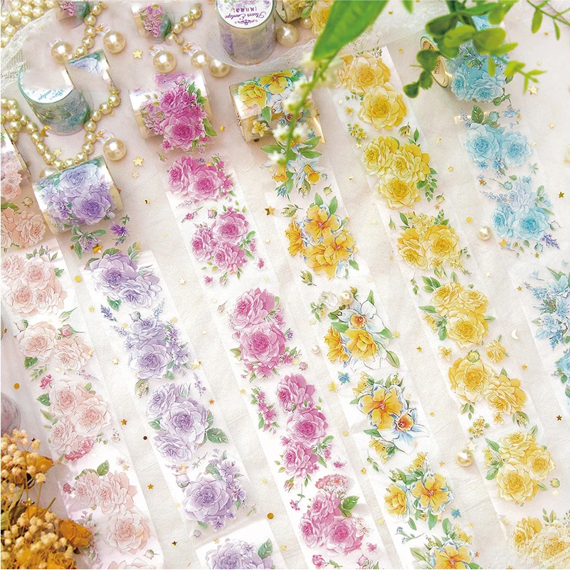 Journamm 50mm*2m PET Tapes Floral Stickers Collage Stationery DIY Scrapbooking Planner Decor Junk Journal Aesthetics Craft Tapes