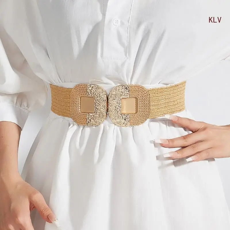 

Women Shirt Waist Belt Straw Weaving Delicate Braided Waist Belt with Gold Buckle Women Dress Shirt Wide Waist Belt