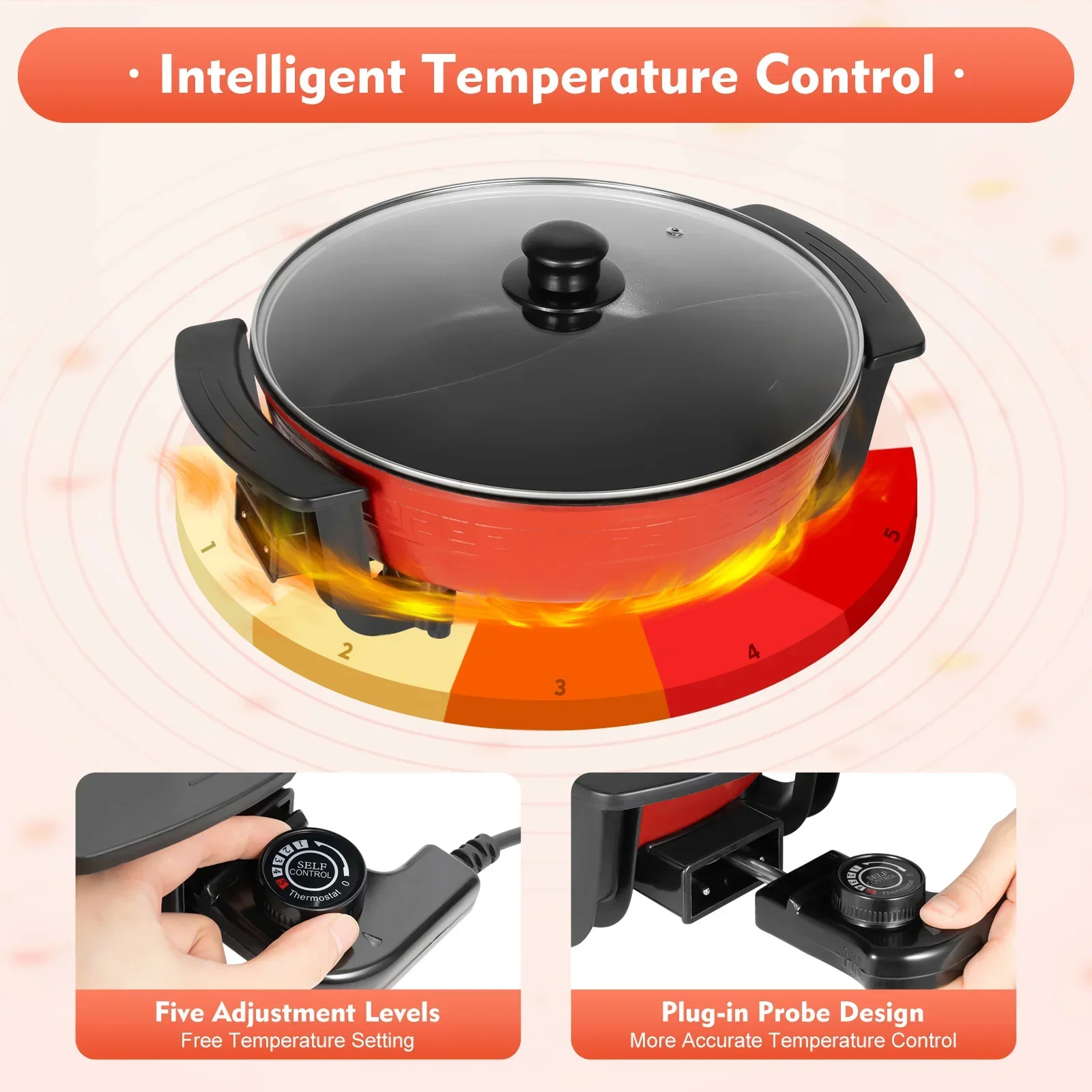 Olla Eléctrica de 1360W, Olla para Fondue de 6L con Doble Compartimento Separable para 6 Personas con Tapa