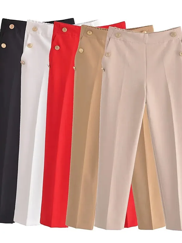 

High Waist Casual Pants for Women Metal Button Street Sle Simple Design Harlan Pants Summer Collection No Brand Registered