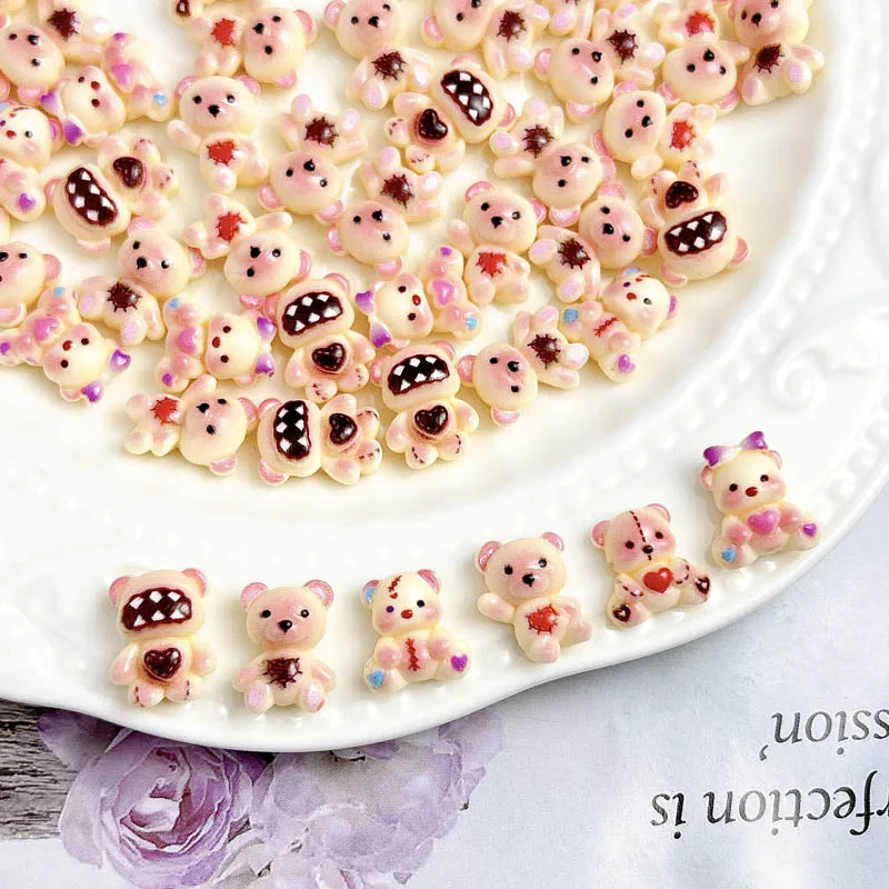 30PCS Resin Cartoon  Heart Teddy Bear Nail Art Charms 3D Cute Powder Blusher Bear Nail Decoration Accessories for DIY Manicure