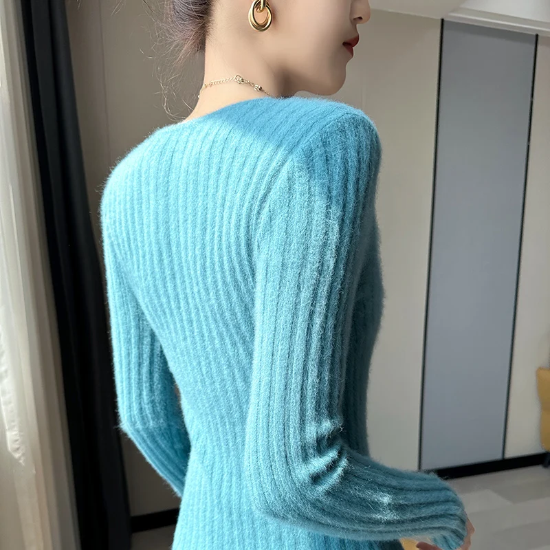 Autumn Winter New Women\'s Clothing 100% Mink Cashmere Sweater V-Neck Knitted Pullover Slim Fit Long Sleeve Solid Color Tops