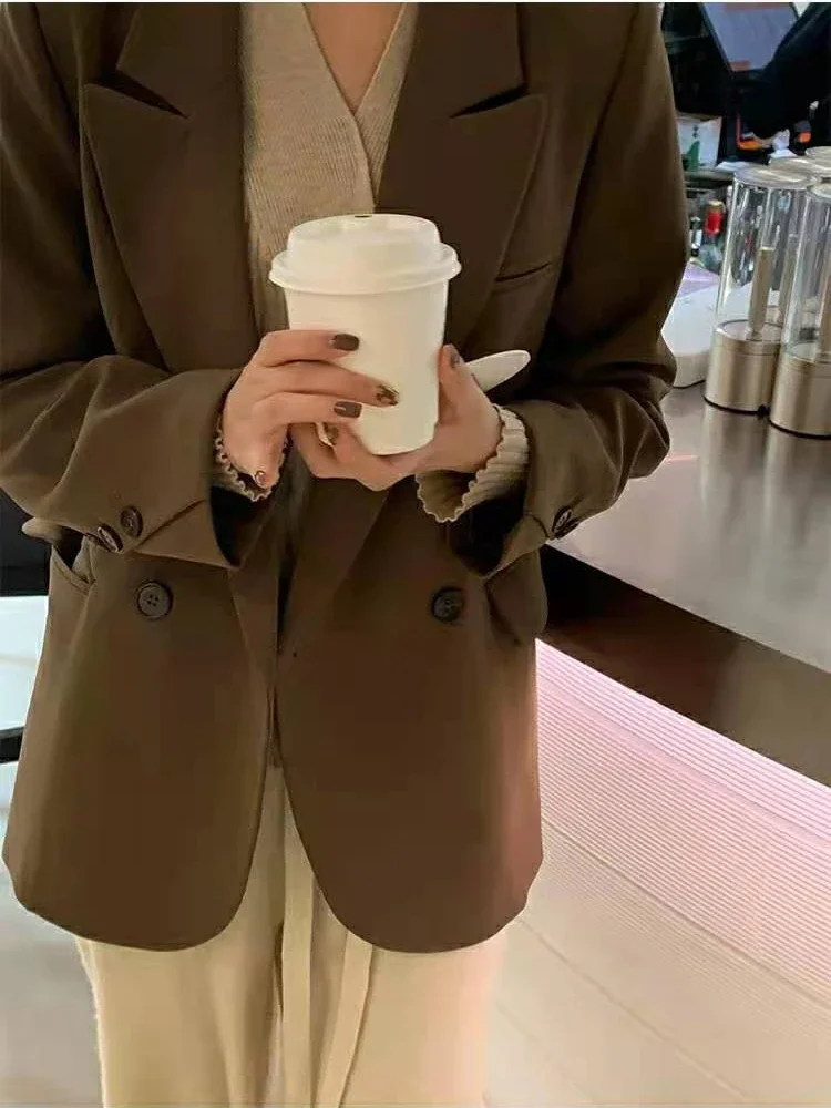 Ulzzang-Blazer basique cranté à double boutonnage pour femme, vêtement de bureau, tenue gracieuse, style Harajuku, collection automne