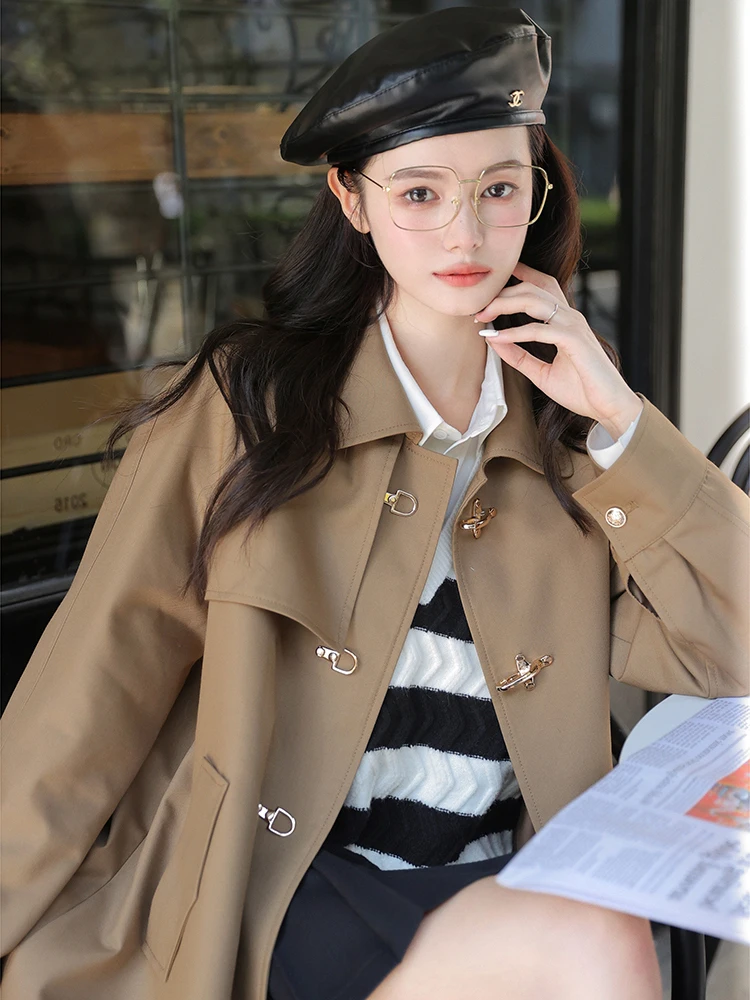 

Женская куртка цвета хаки, весенне-осеннее короткое пальто в британском стиле, зимнее модное пальто для повседневной носки, однотонное, с длинными рукавами