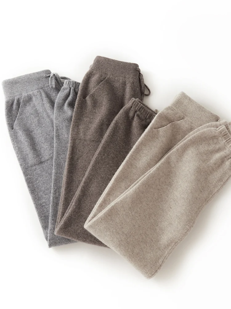 Women's Wool Pencil Pants Drawstring Elastic Waist Trousers Autumn Winter Solid 100% Merino Wool Knitted Cashmere Pockets Pants