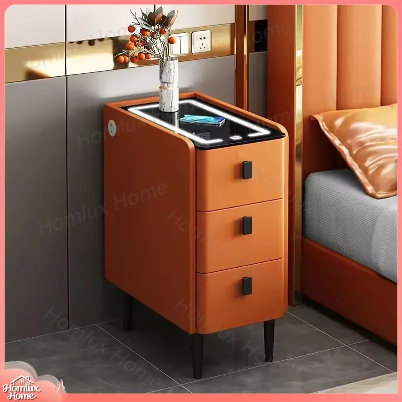 Modern Wooden Bedside Table with Drawer LED Light Compact Smart Nightstand for Bedroom Furniture Minimalist Design