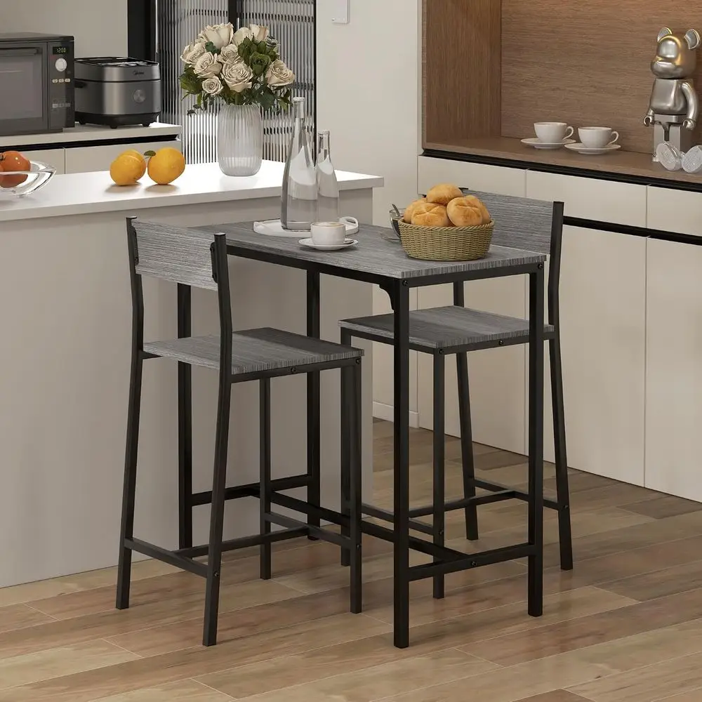 3 Piece Bar Table and Chairs or 2, Counter Height, Industrial, Gray | Dining Table Set, Kitchen Table with Bar stools, Breakast