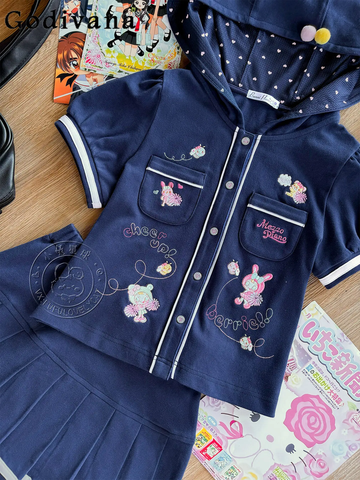 

Cute Girls 2 Piece Set Daughter Matching Sets Clothes Summer Sweet Cartoon Embroidered Hooded Top and Short Skirt Suit Dress