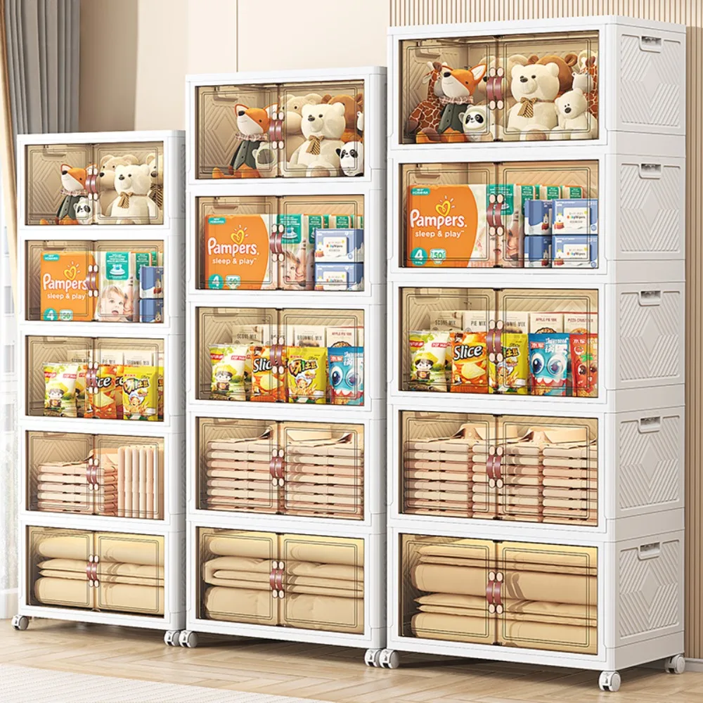 Storage Cabinet Floor-Standing Multi-Layer Multi-functional High Capacity Simple Folding Wardrobe with Wheels and Double Door