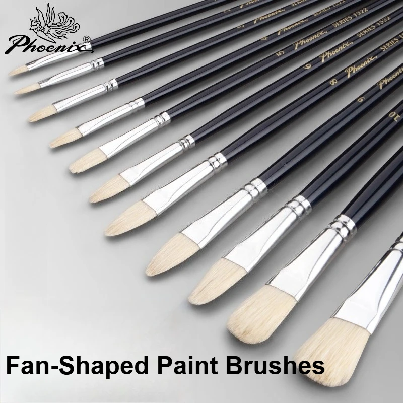 1/3/7/12pcs PHOENIX Art Supplies Pincéis de óleo de cerdas de porco/náilon em forma de leque Pincéis de aquarela de cabo longo para estudantes de arte