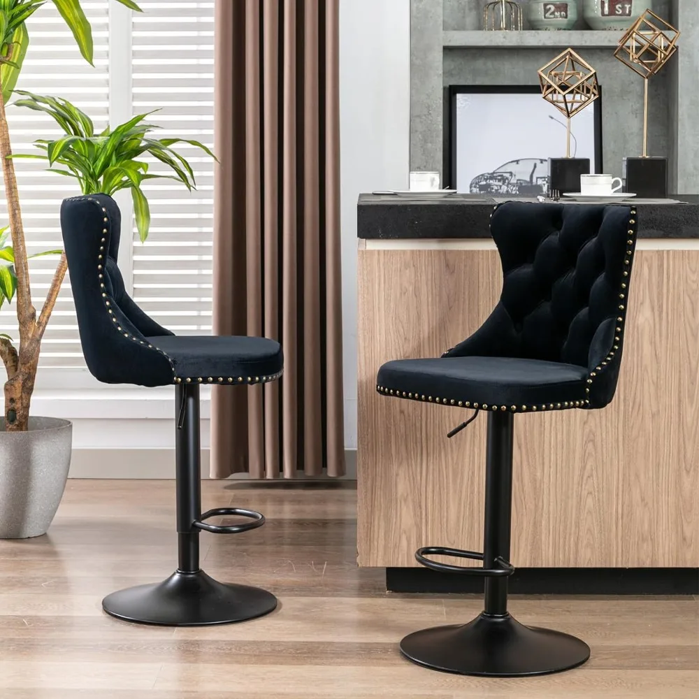 Bar Stool Set of 4,Velvet Counter Height Barstools Adjustable Seat,Button Tufted Swivel Bar Chairs Black Base