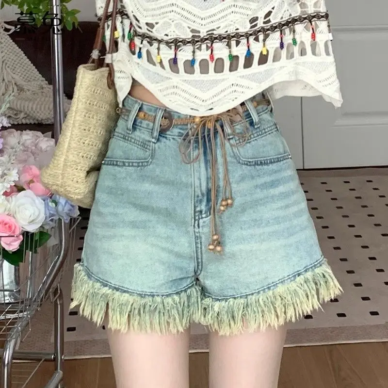 

Small Retro Denim Shorts for Women with High Waist Slim and Versatile Loose Wide-leg A-line Pants