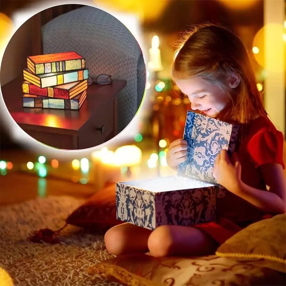 

Настольная лампа в виде штабелированных книг с красочным дизайном, из смолы, ручная работа, витражное искусство