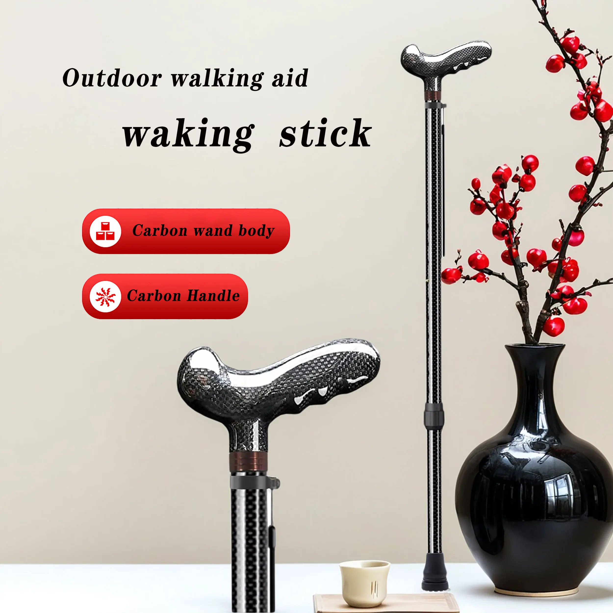 Ultra-light Carbon Fiber Telescopic Cane, Hiking Pole, Walking Stick, Assisting Walking During Hiking, Anti-slip and Fall-proof