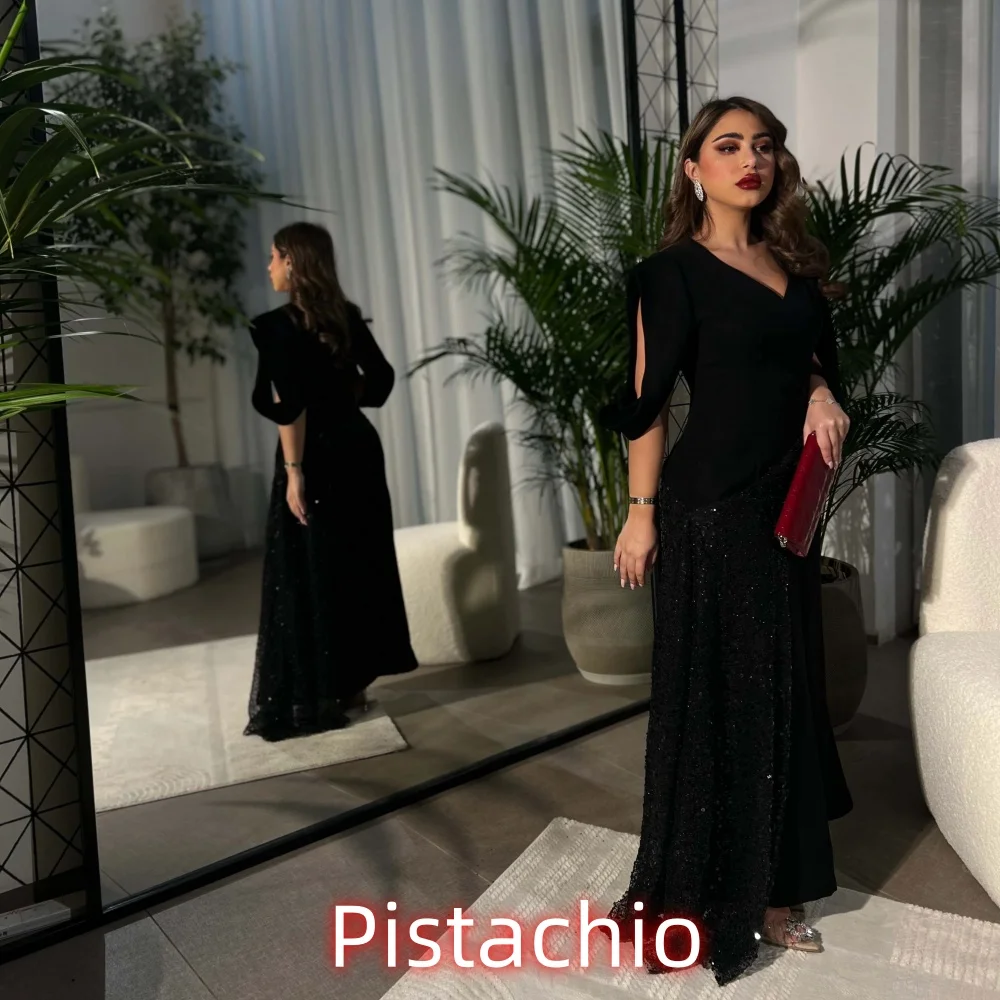 

Customized Exquisite Women Prom Dress Half Sleeve Charming Sequins Mermaid V-neck Party Dress Beading Women Evening Gown